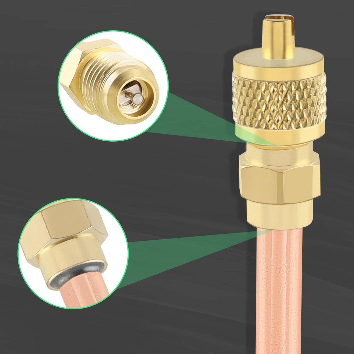 Schrader System Vacuum Service Valves Kit For HVAC AC Ten Piece One Quarter Inch SAE To One Quarter Inch OD Stem Size Two Point Seven Five Inches With Brass Caps And Core Remover AUTOKAY showing close-up details