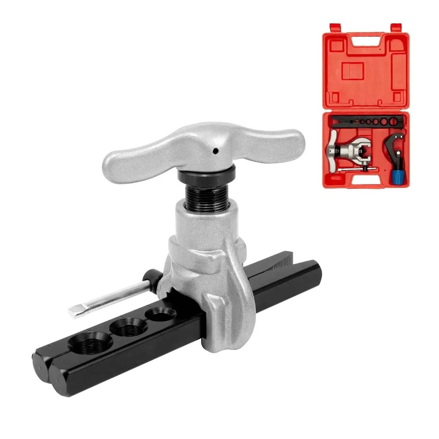 7 Die Set Eccentric Flaring Tool With 45 Degree Tube Cutter For HVAC in silver and black with red carrying case