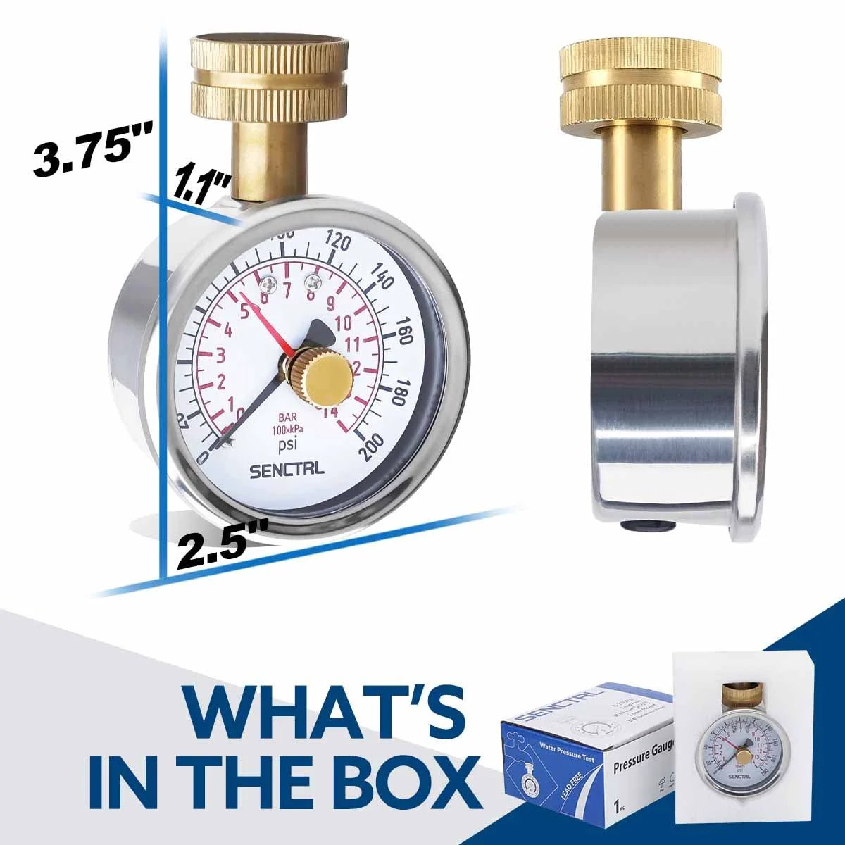 Water Pressure Gauge For Home Use 0-200 PSI With 2.5 Inch Dial Lead Free Stainless Steel Case IP67 Waterproof 3/4 Inch Female Garden Hose Thread Ideal For Potable Water Systems And DIY Home Plumbing, showing front and side view in box packaging.
