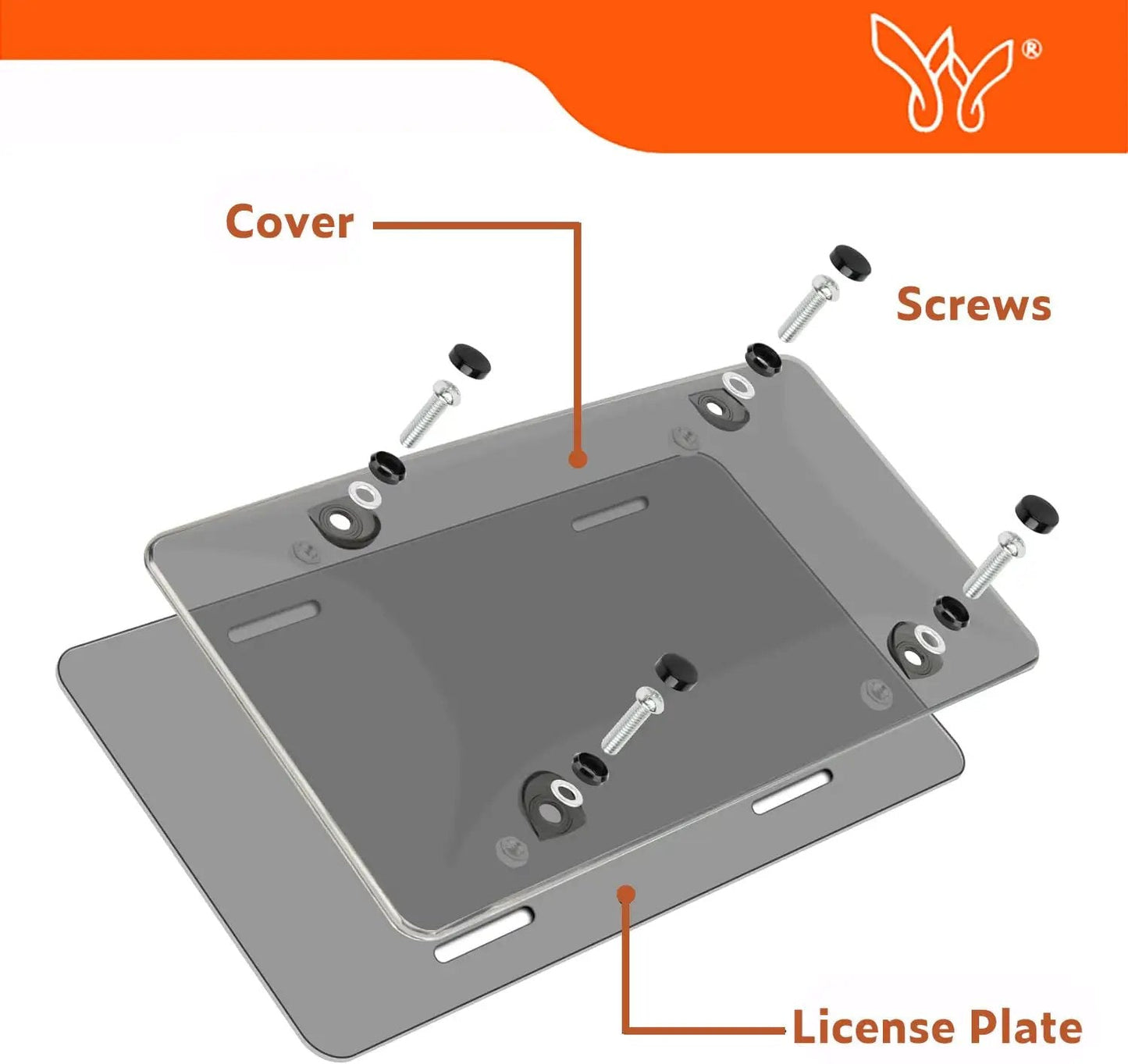 Clear 2 Pack License Plate Cover For Your Ride Weather Resistant Unbreakable Protector Transparent Design Fits All Standard 6x12 Inches License Plates UV Shield Durable Shield For Cars Trucks SUV with labels for cover, screws, and license plate.