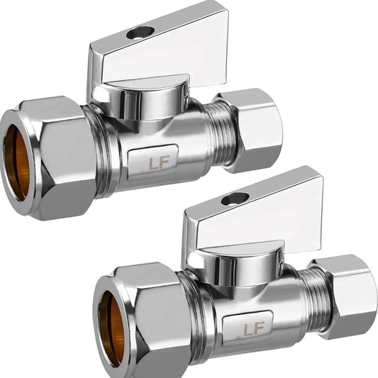 2 Pack Chrome Brass Compression Straight Angle Stop Valves One Half Inch Nominal Inlet Five Eighth Inch OD Compression To Three Eighth Inch OD Compression Quarter Turn Water Shut Off Lead Free