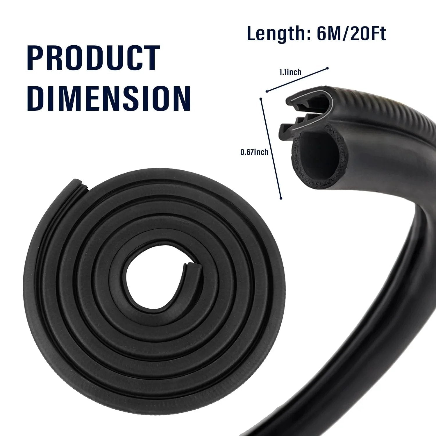 Car Door Weather Stripping 20Ft U Shaped Rubber Edge Trim With Steel Strip Sealer coiled with dimensions shown