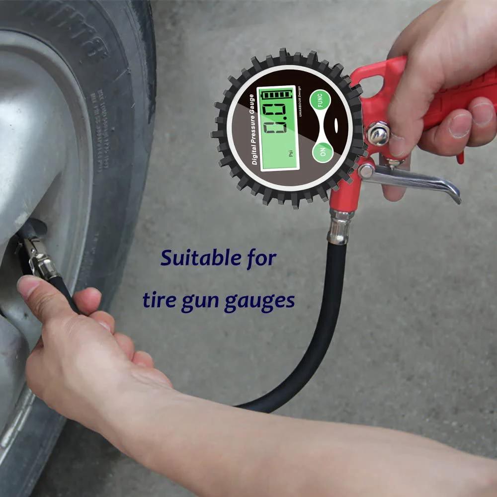 Digital Tire Pressure Gauge For Cars And Bikes With Rubber Protector And Quarter Inch NPT Bottom Connector in use on tire