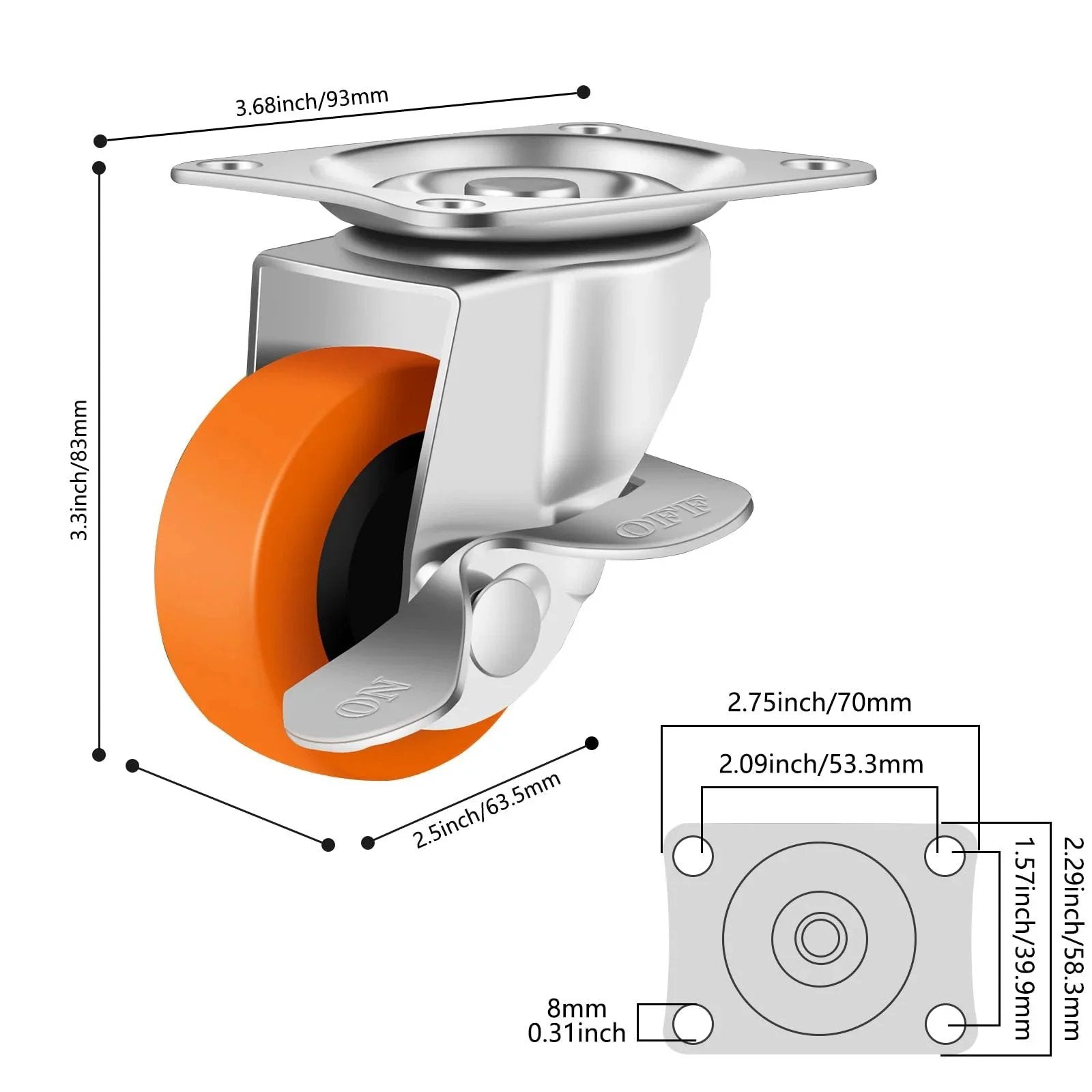 Diagram of 2.5 Inch Heavy Duty Caster Wheels Set of 4 with Brakes for Furniture Carts and Workbenches, swivel top plate.