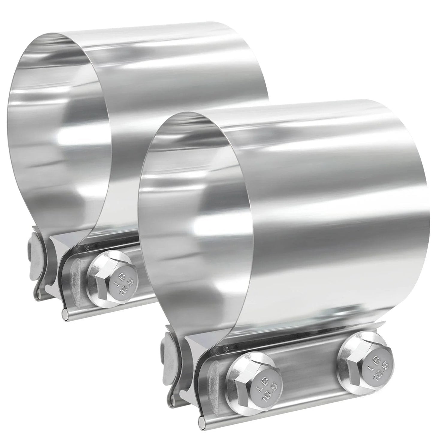 Premium 2.5 Inch Exhaust Clamp Kit With 304 Stainless Steel Muffler Band Clamps For Pipes Rust Proof And Corrosion Resistant, 360 Degree Winding Design For Even Pressure, Includes 2 Pieces, showing the shiny metal surface and bolt details.