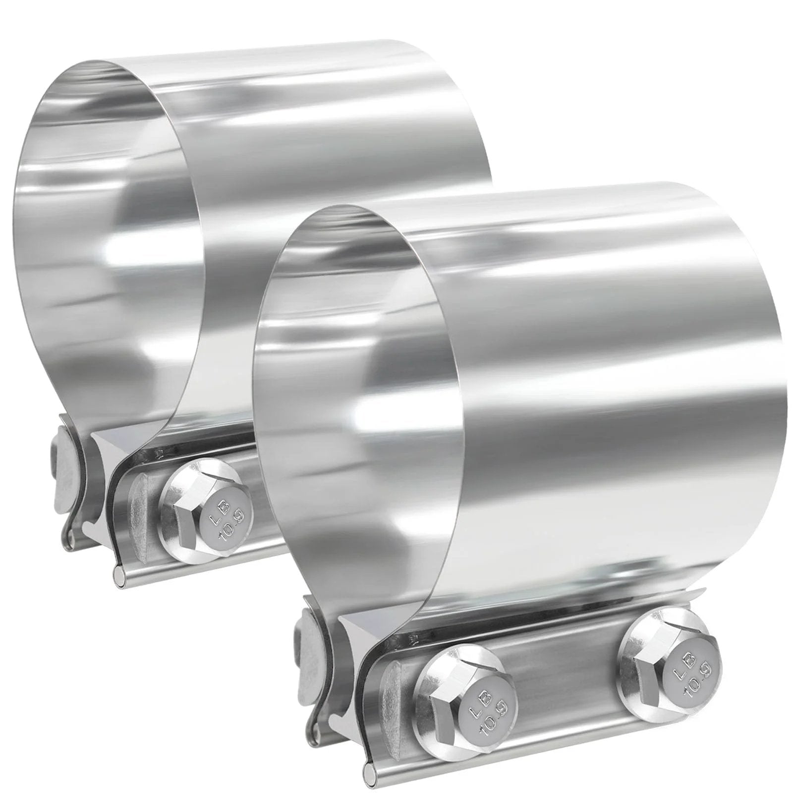 Premium 2.5 Inch Exhaust Clamp Kit With 304 Stainless Steel Muffler Band Clamps For Pipes Rust Proof And Corrosion Resistant, 360 Degree Winding Design For Even Pressure, Includes 2 Pieces, showing the shiny metal surface and bolt details.