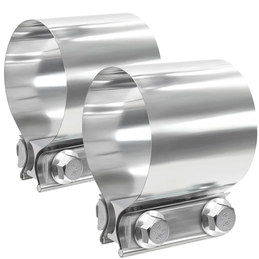 Premium 2.5 Inch Exhaust Clamp Kit With 304 Stainless Steel Muffler Band Clamps For Pipes Rust Proof And Corrosion Resistant, 360 Degree Winding Design For Even Pressure, Includes 2 Pieces, showing the shiny metal surface and bolt details.