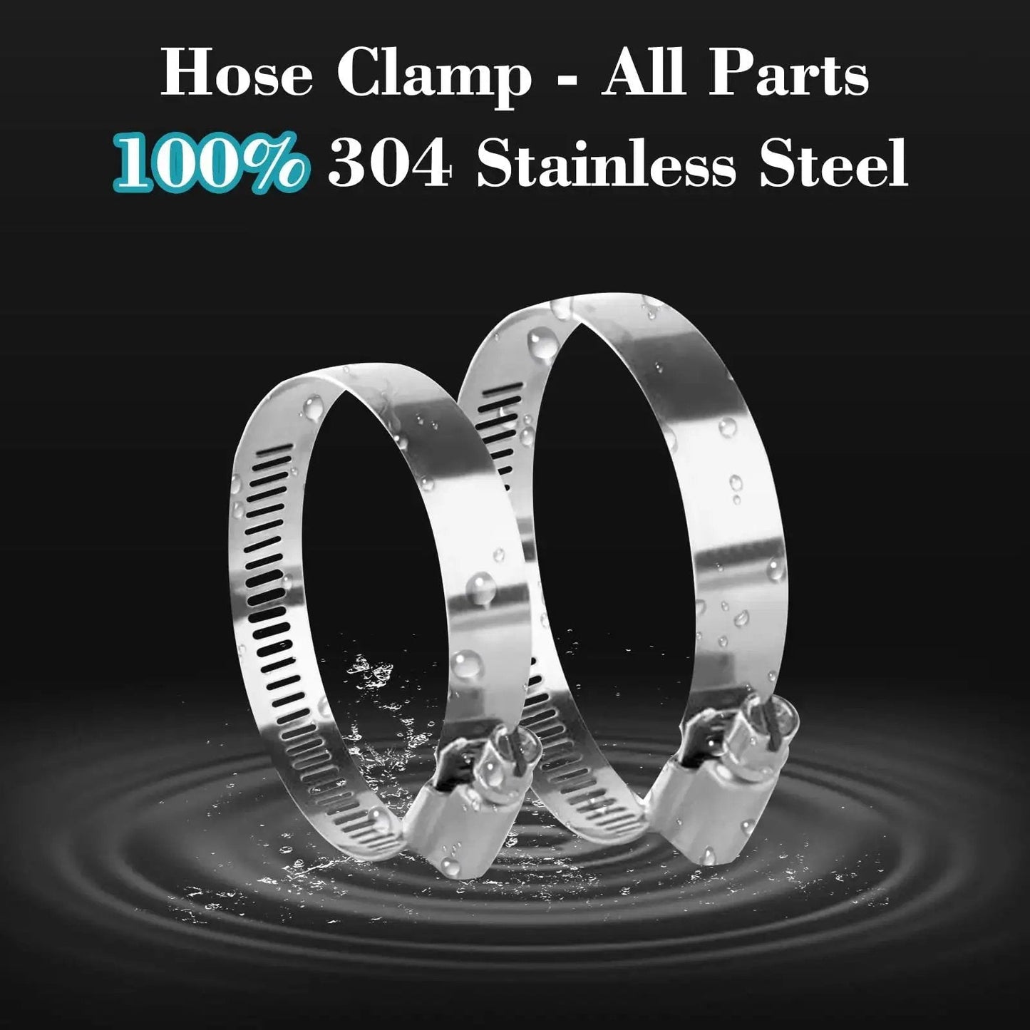 Two stainless steel hose clamps with worm gear, 1.25 to 2.25 inches, for fuel line plumbing, automotive applications, durable in wet conditions.