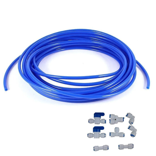 Push Fit One Quarter Inch Water Purifier Tubing Fittings Kit For RO Systems With Ball Valve And Y L I T Type Connectors In Blue Polyethylene Tubing