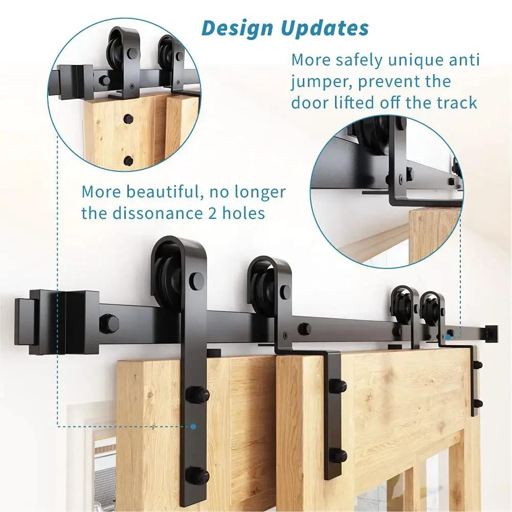 Bypass Barn Door Hardware Kit For 5 Feet Double Wooden Doors With Single Track And Flat Rollers, Low Ceiling Bypass System