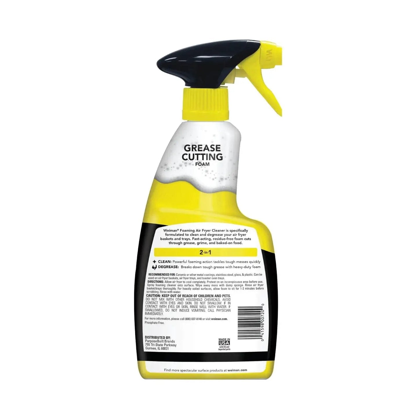 Back view of foaming air fryer cleaner bottle with non abrasive sponge for ceramic baskets