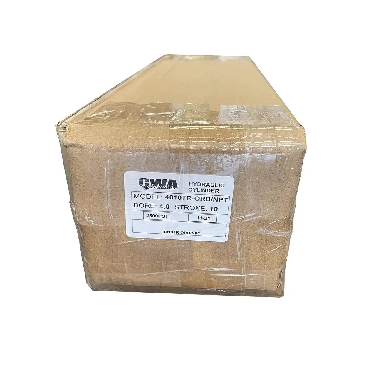 Box containing model 4010TR hydraulic cylinder with 4 in bore, 10 in stroke, 2500 PSI label visible