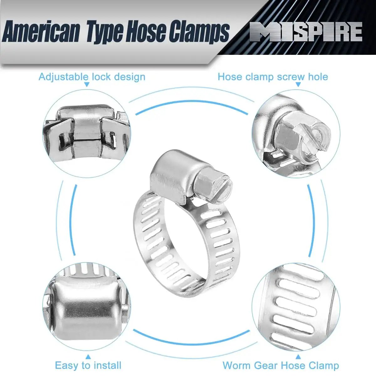 Stainless Steel Hose Clamps Set 6-12mm 25 Pieces Adjustable Perforated Worm Gear Clamps SAE J1508 shown with close-up features