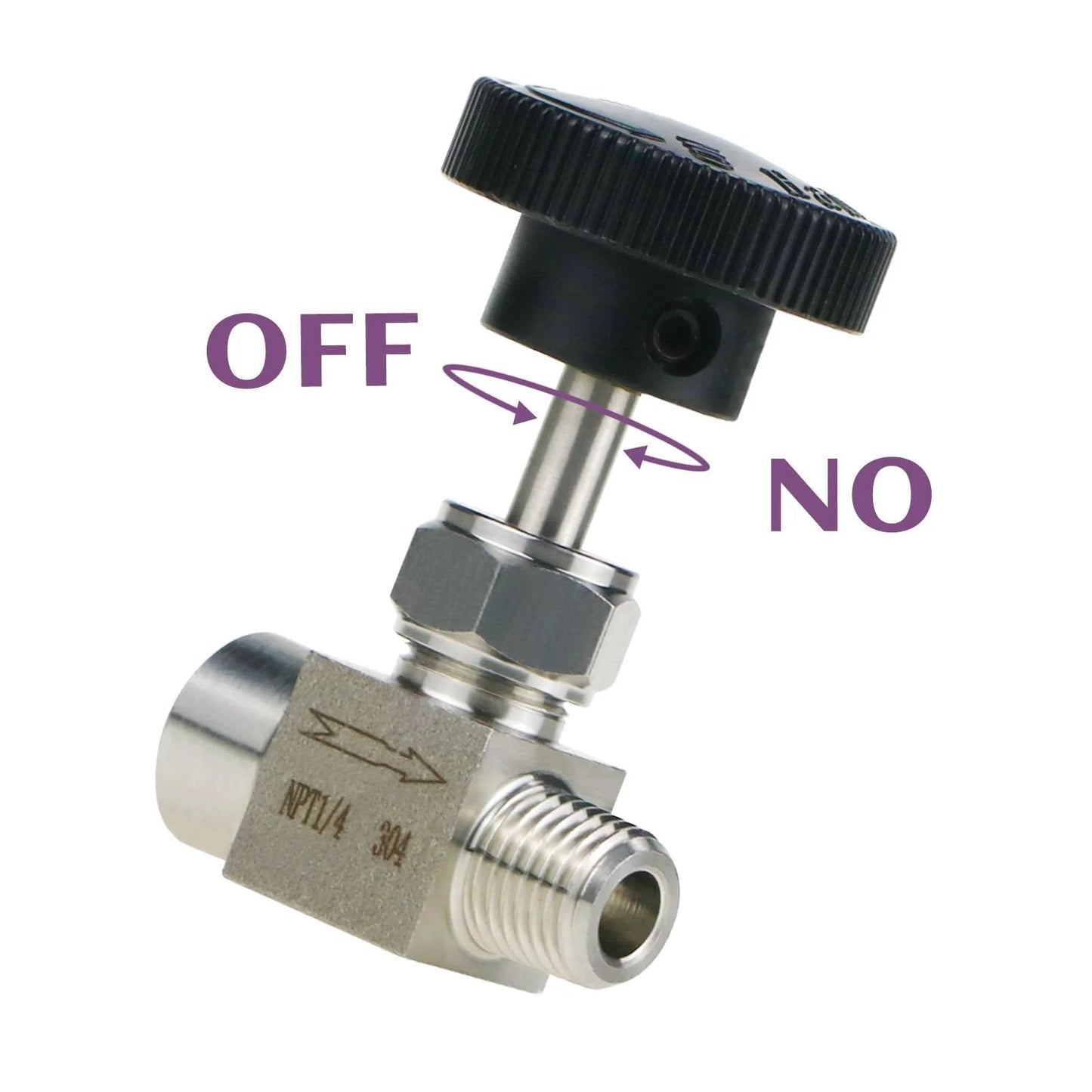 Stainless Steel Needle Valve 1/4 NPT Female to 1/4 NPT Male for Oil and Water with 360 Degree Handwheel, 304 SS body close-up view.