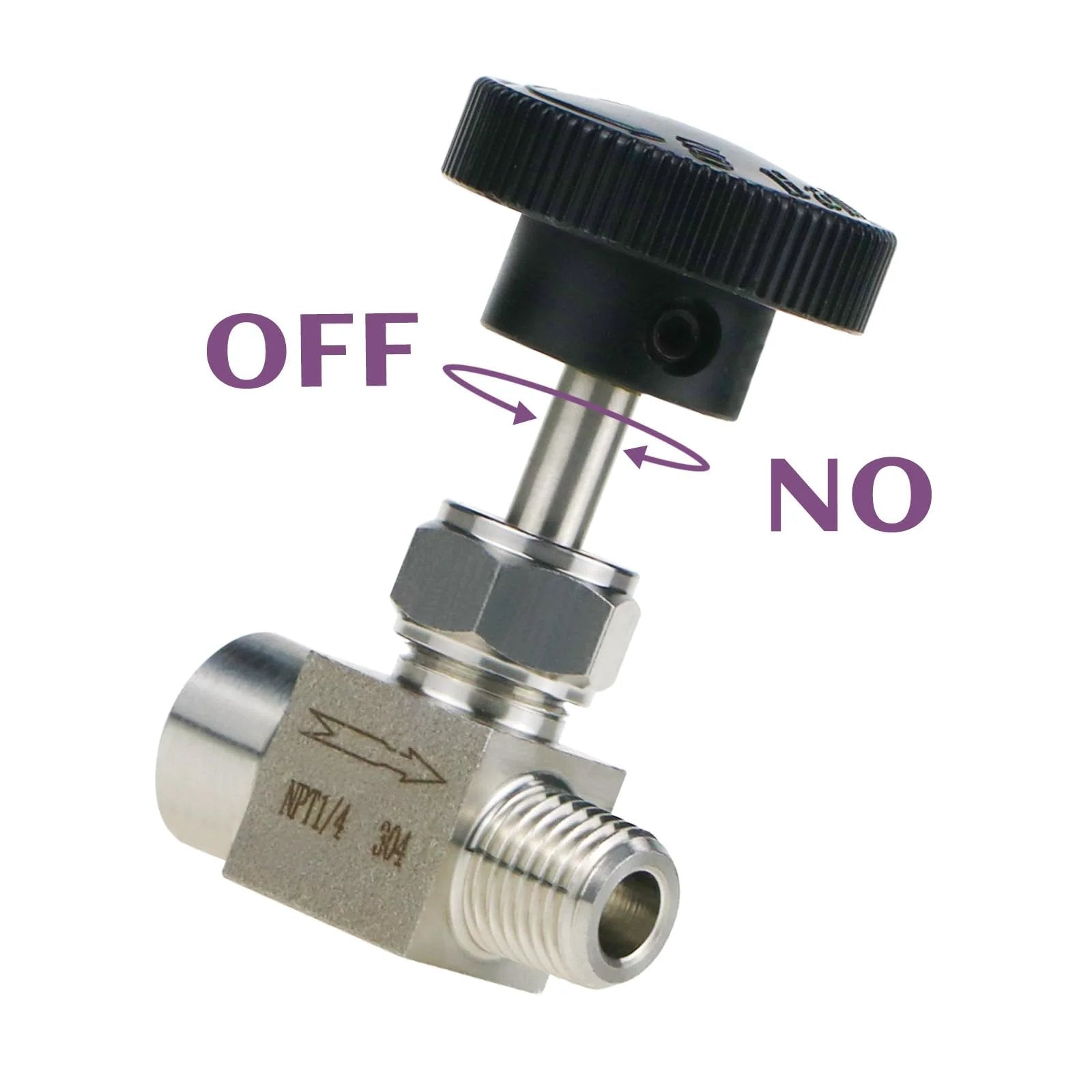 Stainless Steel Needle Valve 1/4 NPT Female to 1/4 NPT Male for Oil and Water with 360 Degree Handwheel, 304 SS body close-up view.