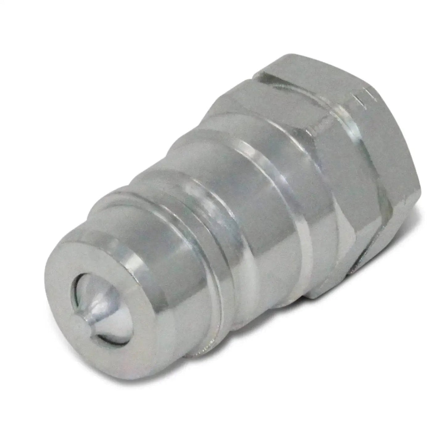 Rugged Three Eighths Inch Ag ISO 5675 Hydraulic Quick Connect Pioneer Style Coupler with Poppet Valve, metal finish, side view