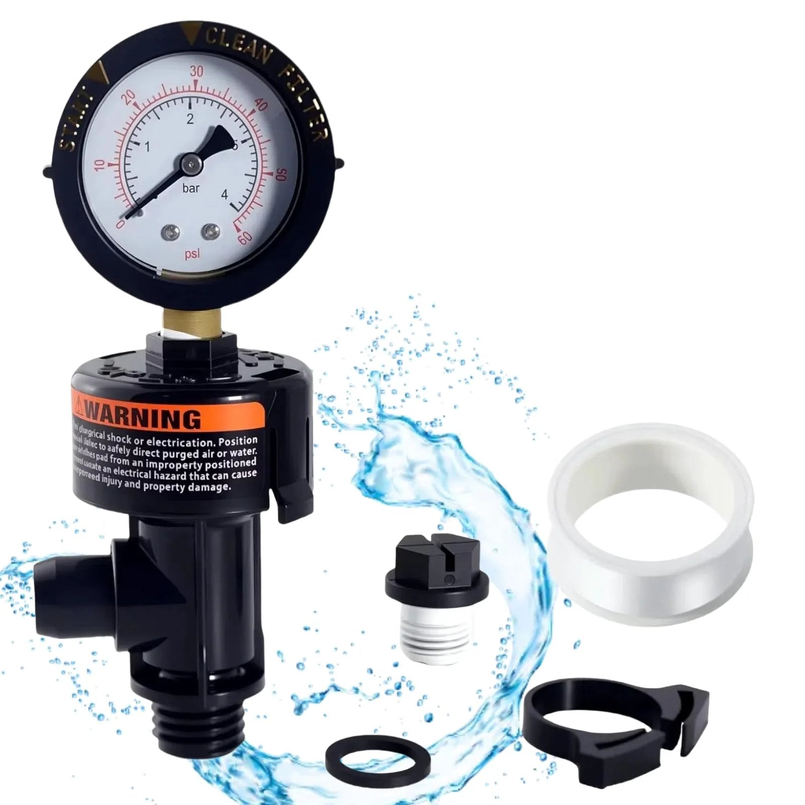 Easy Install Replacement Air Relief Valve 98209800 For Pentair FNS Plus SMBW 2000 4000 Series Pool Filters Including Clean And Clear CCP100 CCP320 CCP420 CCP520 Quad DE 60 80 100 Predator Compatible With 190058 Gauge showing components and gauge