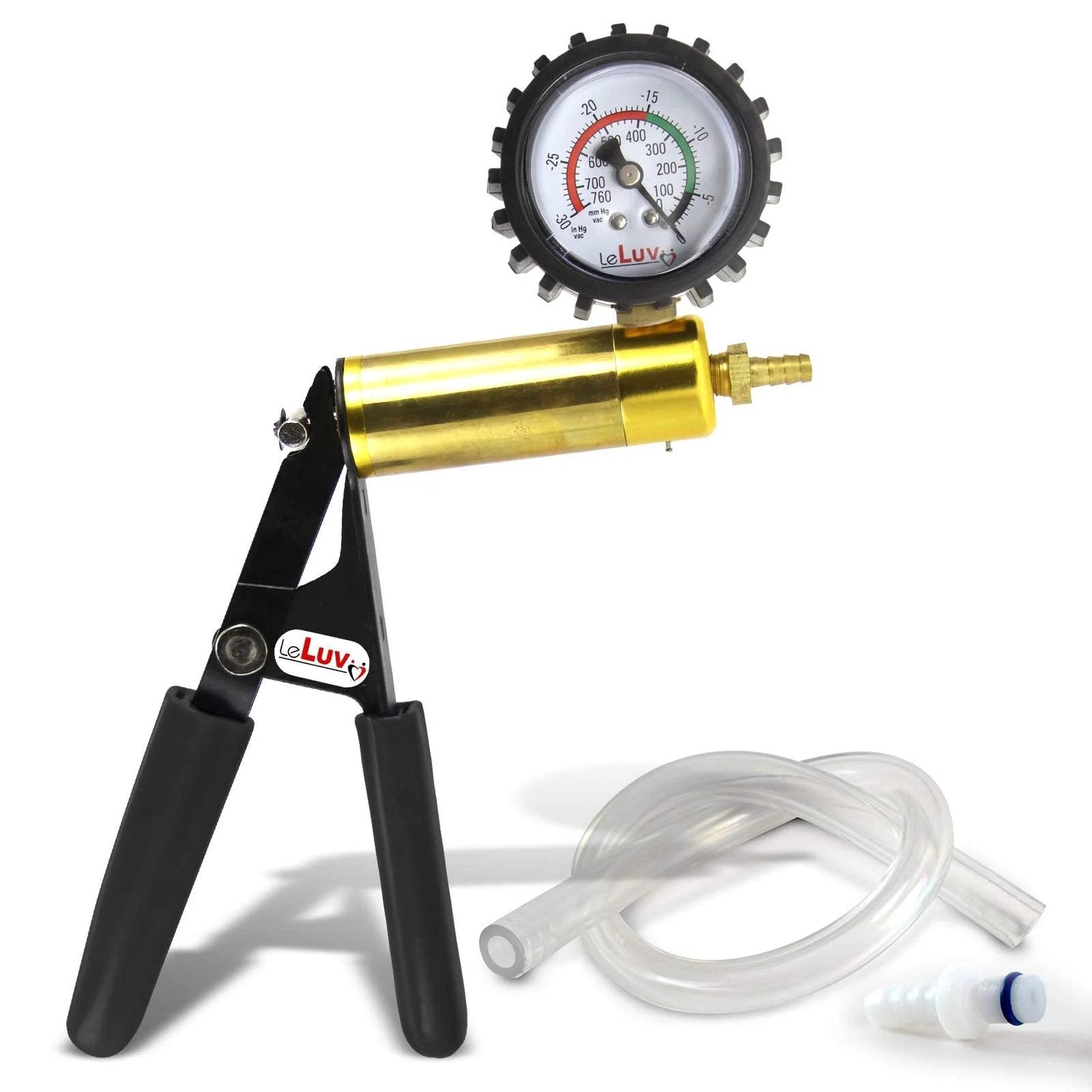 Ultima Black Manual Vacuum Pump With Aluminum Alloy Cylinder And Brass Handle For Pro Grade Precision Hand Vacuuming 0 To 30 Hg And 0 To 760 MmHg Gauge Included Protective Rubber Cover Rubber Padded Grips Clear Hose And Fitting