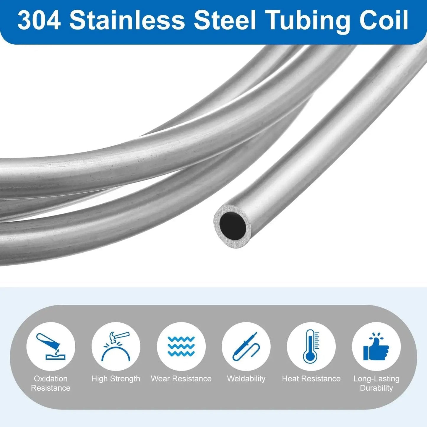 Close-up of 304 stainless steel tubing coil showing one quarter inch outer diameter and ten feet length, silver tone.