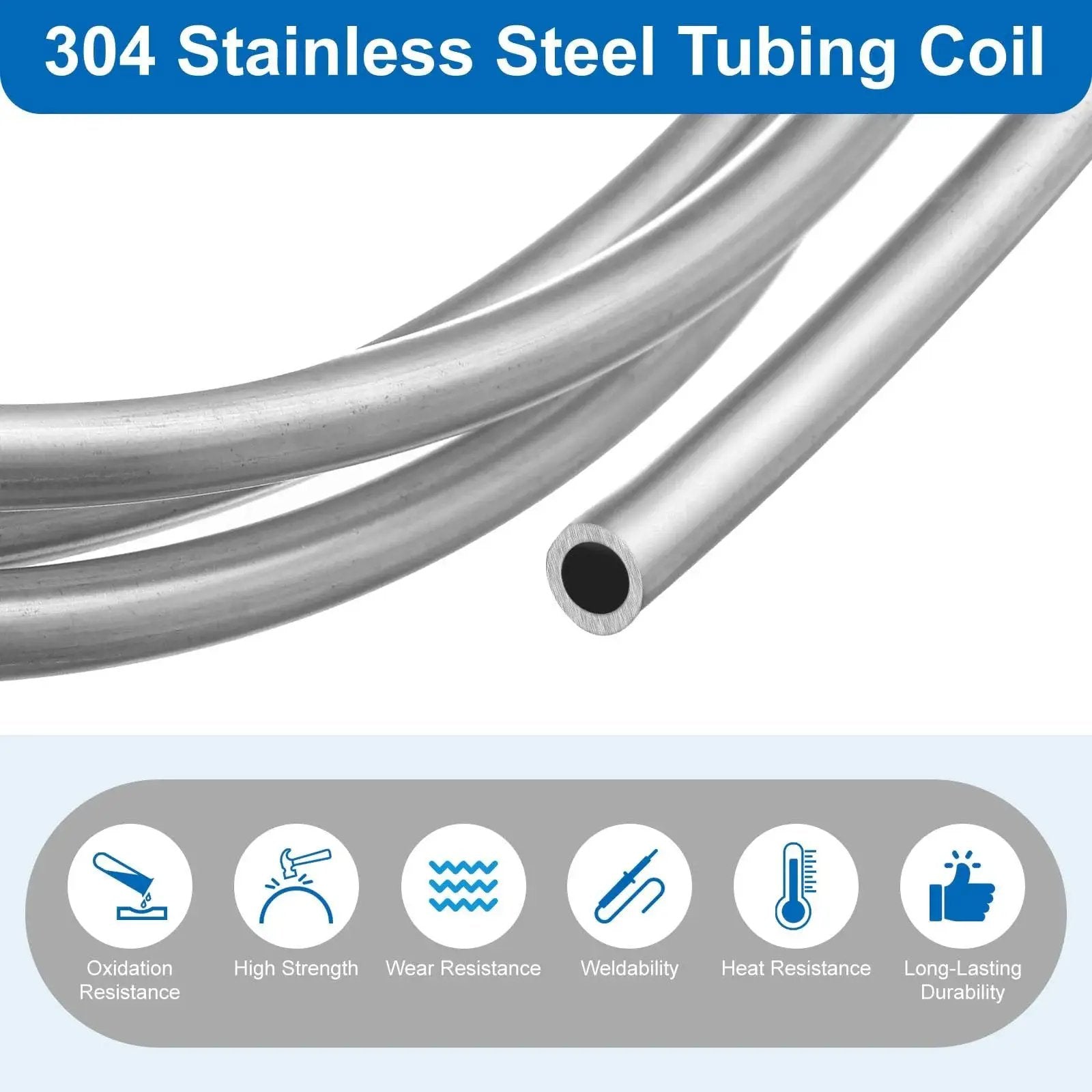 Close-up of 304 stainless steel tubing coil showing one quarter inch outer diameter and ten feet length, silver tone.
