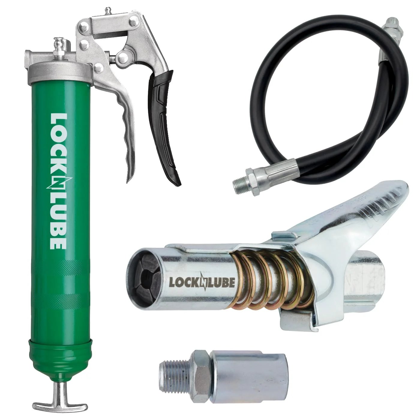 Heavy Duty Pistol Grip Grease Gun With Patented LockNLube Coupler Locks On And Does Not Leak, 20 Inch Hose With Inline Swivel, Ergonomic Rubber Grip, Pro Grade Build, Rated Up To 5000 PSI, Green