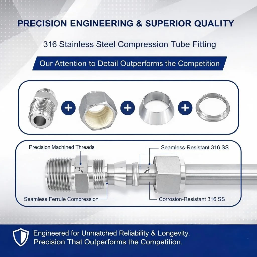 Premium 316 Stainless Steel Compression Tube Fitting Half Inch OD To Half Inch NPT Male Straight Adapter With Double Ferrules For Oil Chemical And Natural Gas Connections 2 Pack shown in component view.