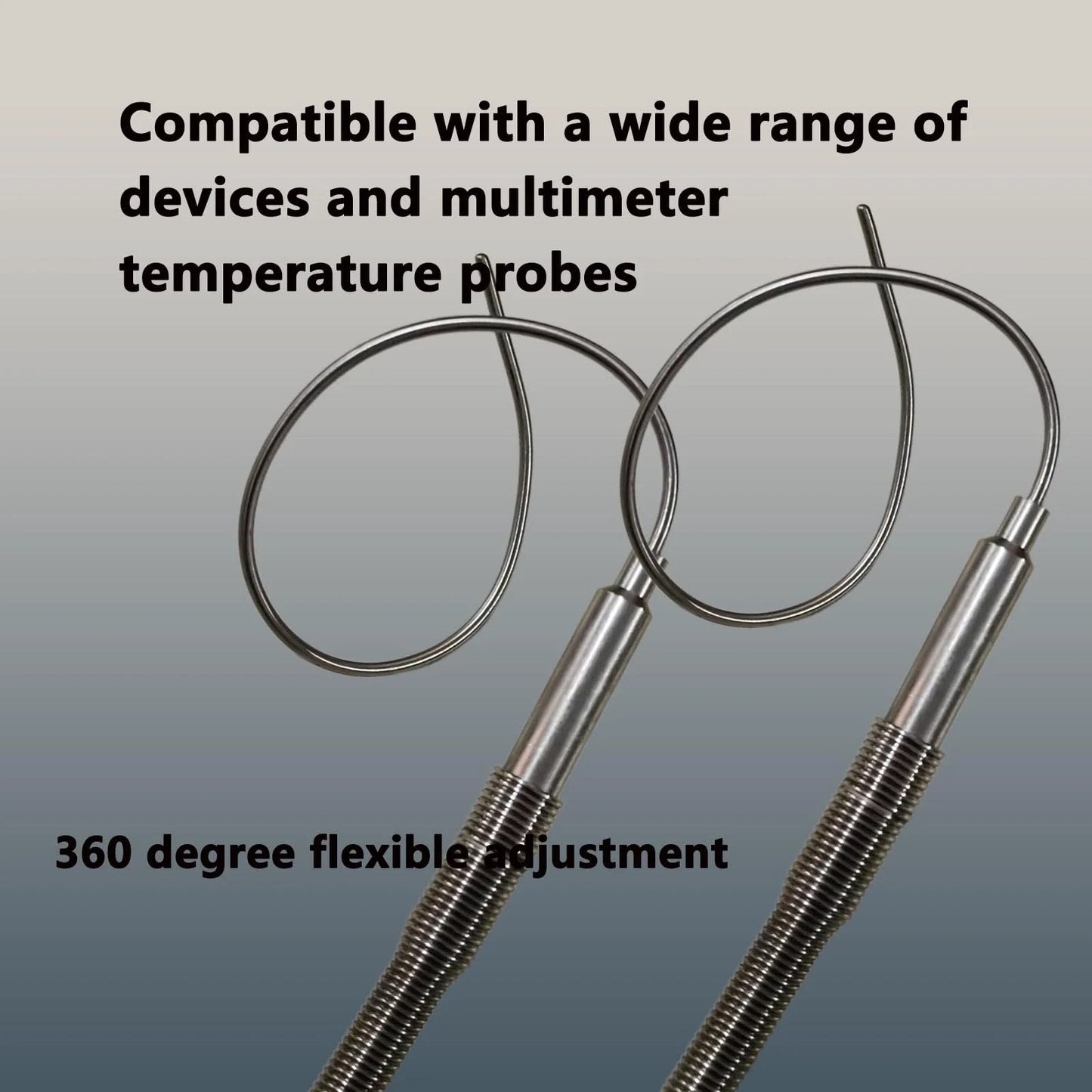 Close-up of two TL1915SL K-Type Thermocouple Probes with 6-inch sensing tips and 40-inch flexible leads for temperature range -40F to 1230F.
