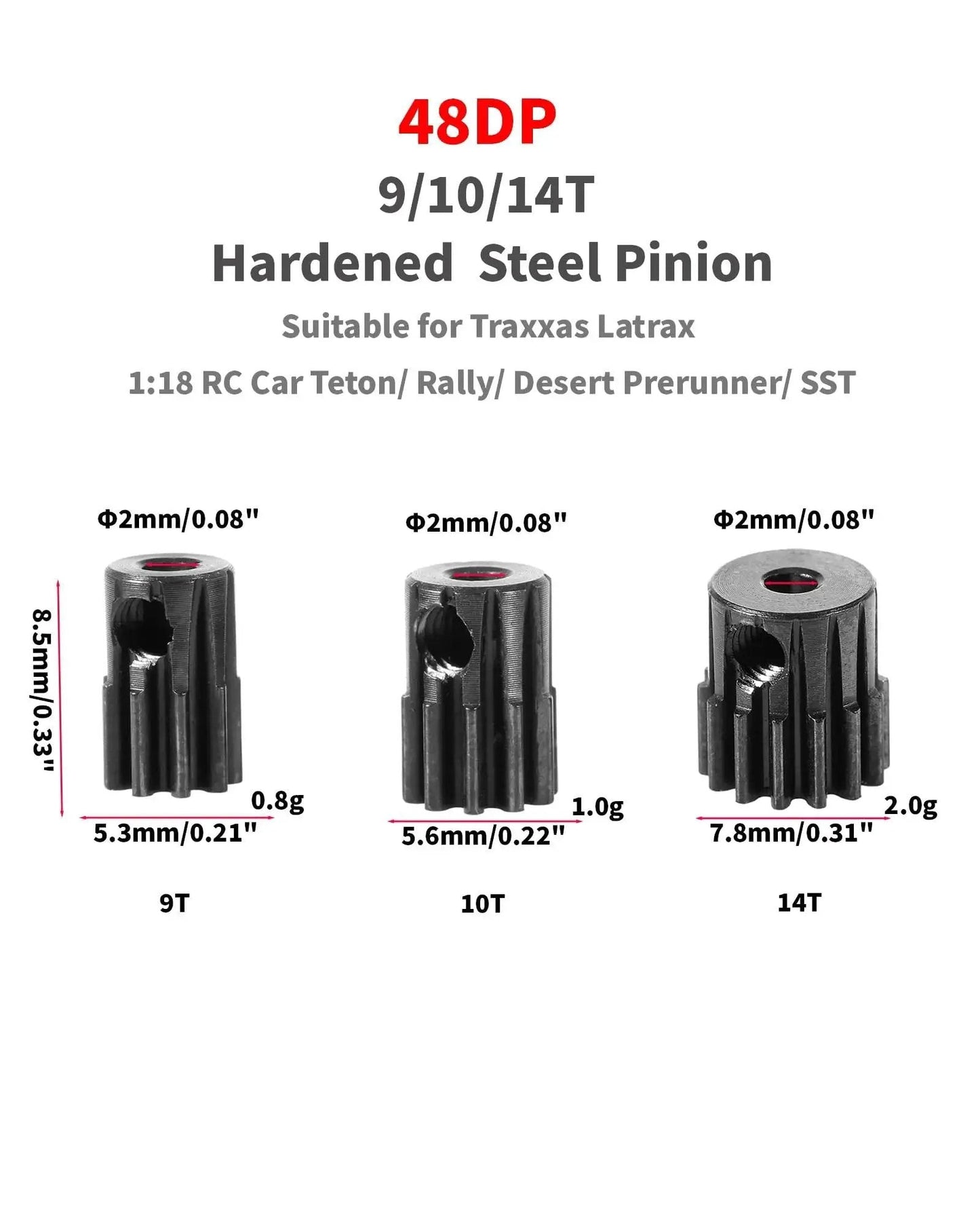 Tough As Nails Hardened Steel Pinion Gear For 1 18th Scale RC Cars 48DP 9T 10T 14T 2.0mm Bore Fits Traxxas LaTrax Teton SST