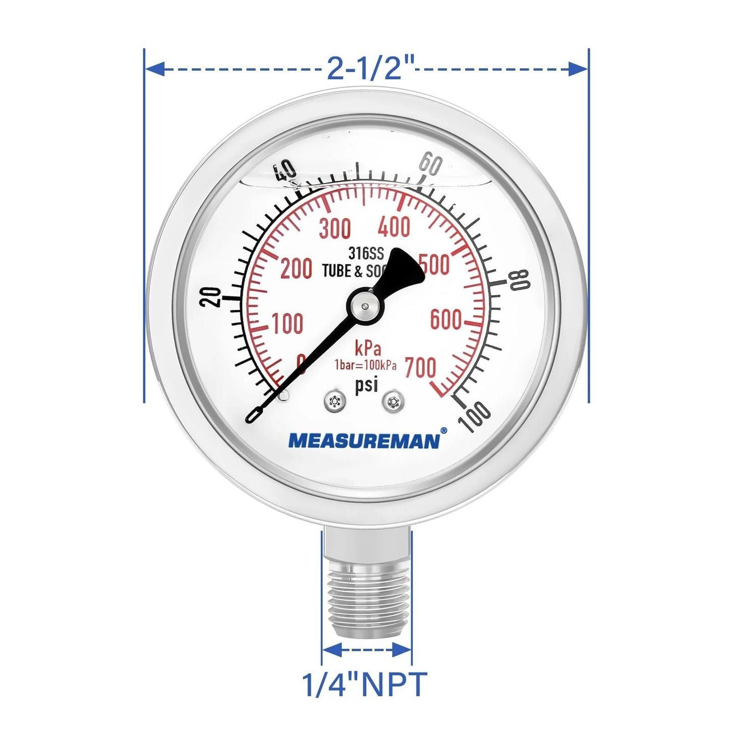 Stainless Steel Hydraulic Pressure Gauge 0 To 100 Psi Quarter Inch NPT Glycerin Filled 2.5 Inch Dial Lower Mount 316 Stainless Steel Body