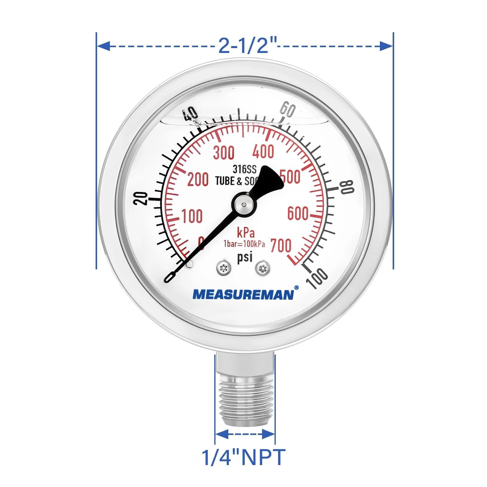 Stainless Steel Hydraulic Pressure Gauge 0 To 100 Psi Quarter Inch NPT Glycerin Filled 2.5 Inch Dial Lower Mount 316 Stainless Steel Body