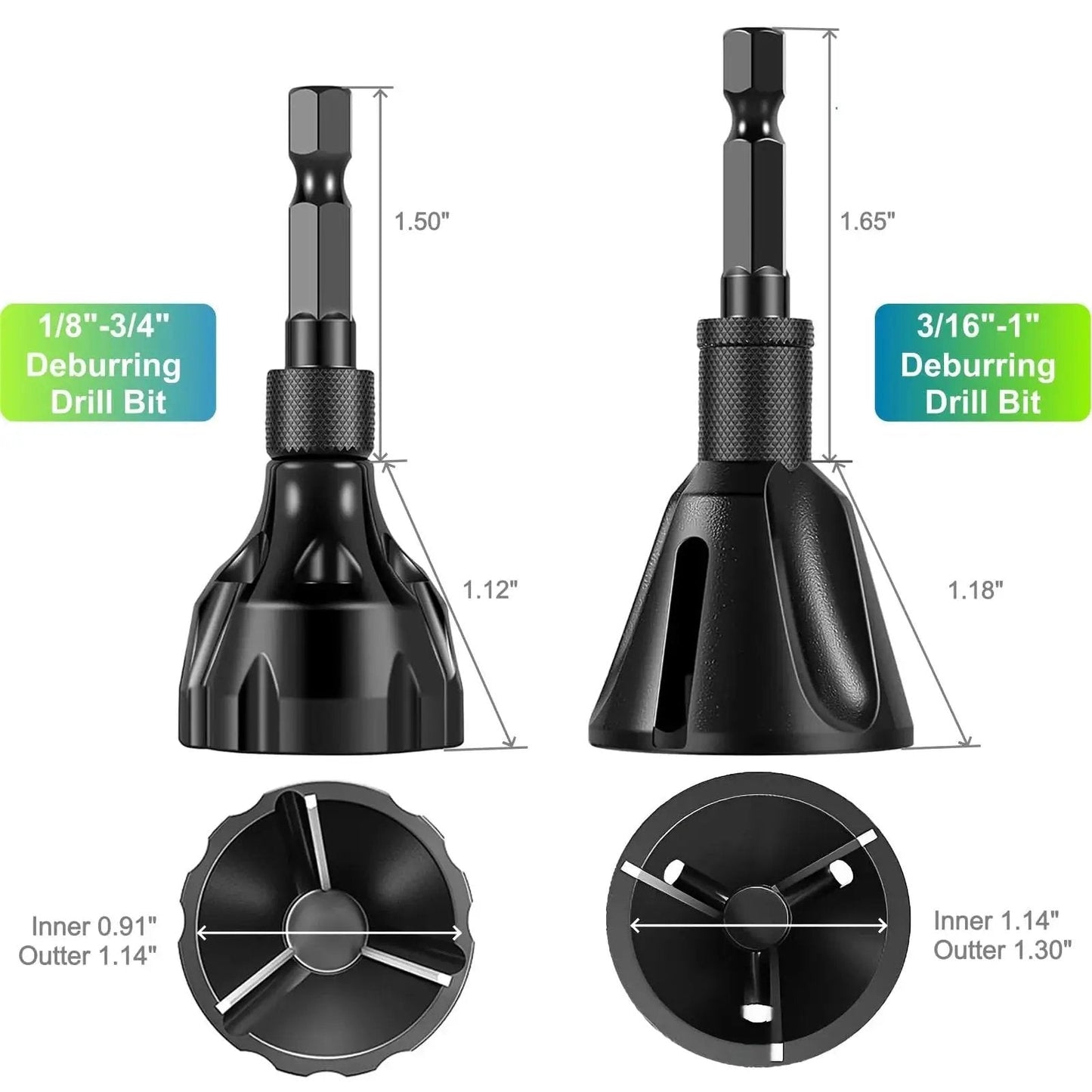Pro Grade Tungsten Carbide Chamfer Set 2-Pack For External Burr Removal And Deburring YG8 Carbide Bits with measurements.