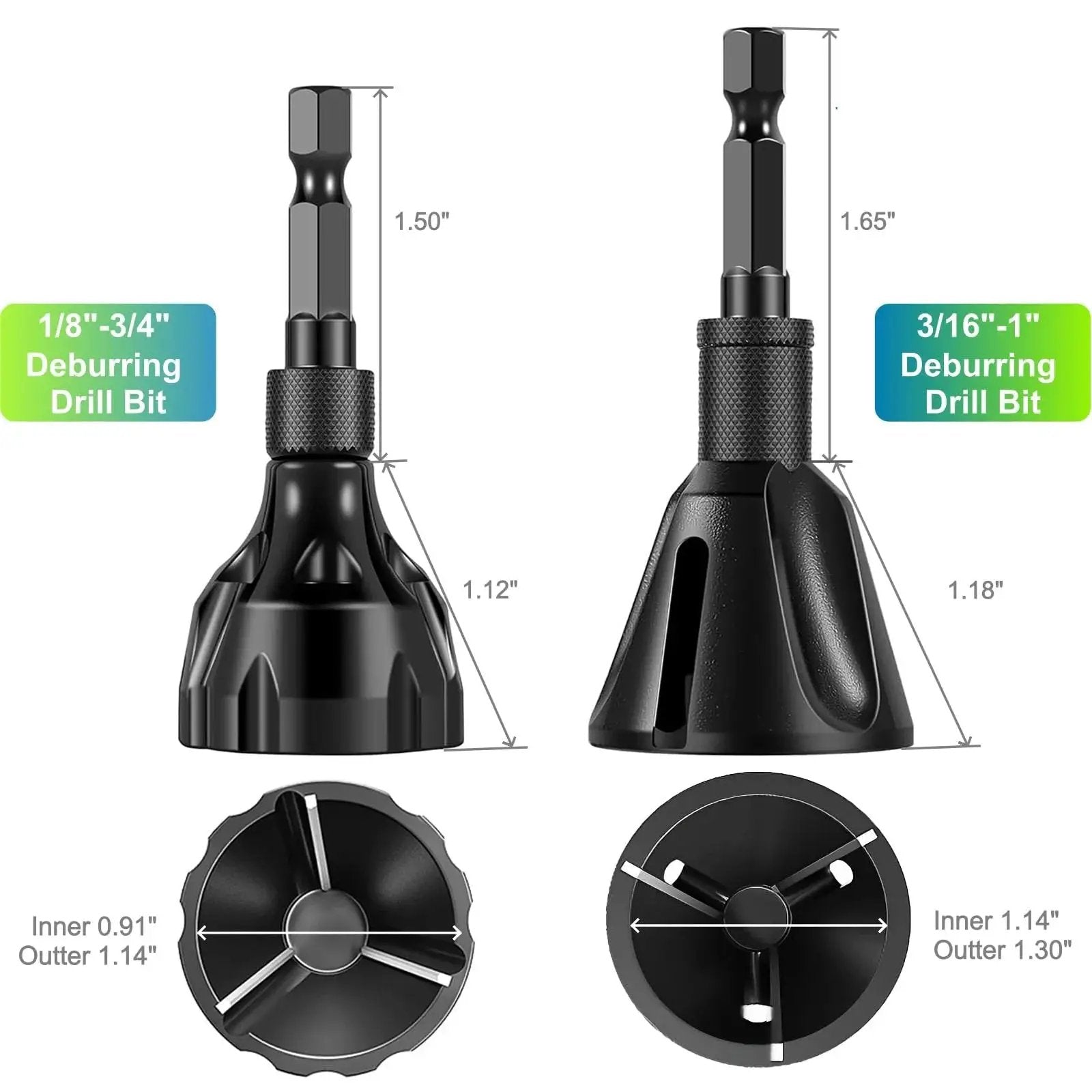 Pro Grade Tungsten Carbide Chamfer Set 2-Pack For External Burr Removal And Deburring YG8 Carbide Bits with measurements.