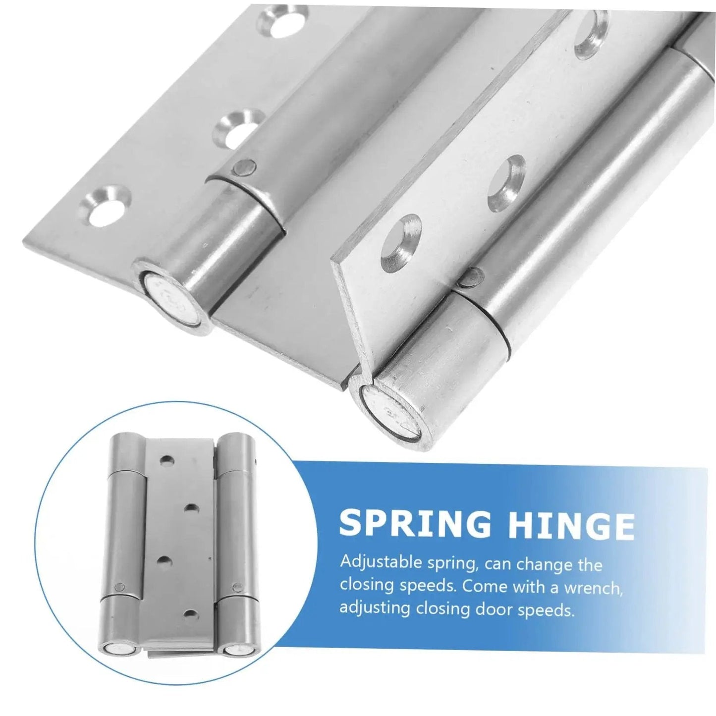 Double Opening Spring Hinges Self Closing Door Hardware for Storm and Garden Doors, adjustable tension, heavy duty metal build.