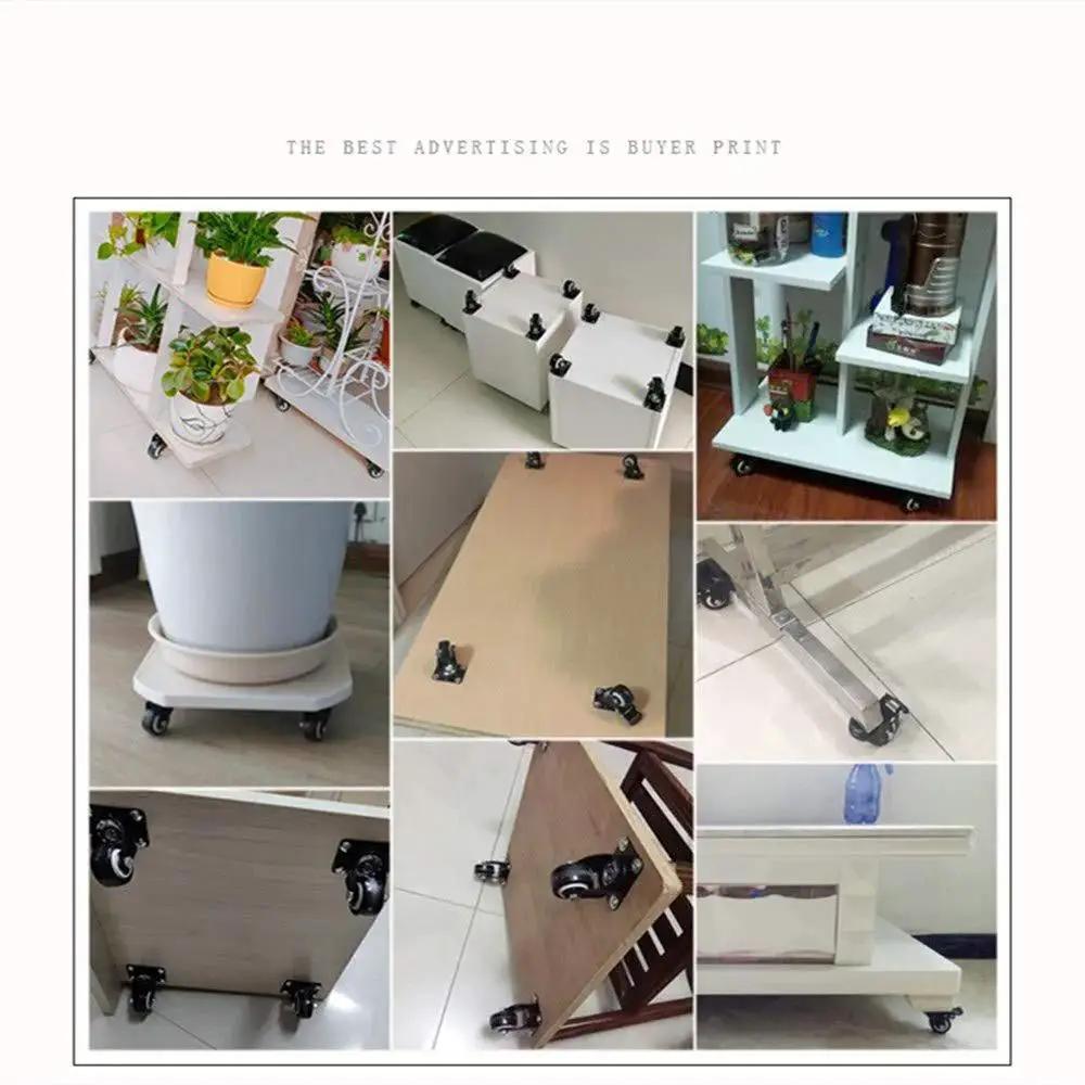Four M8x25mm PU Rotating Caster Set shown installed on various furniture and shelves, demonstrating versatility and 360 degree swivel.