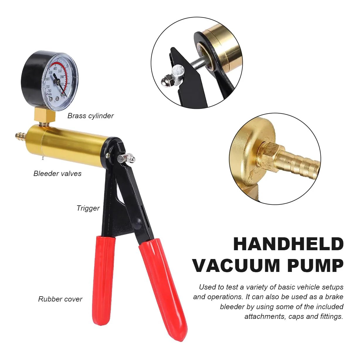 Hand Held Brake Bleeder Kit With Gauge And Adapters For Cars Trucks And Bikes SHMZK Vacuum Pump Pressure Tester brass with red handles