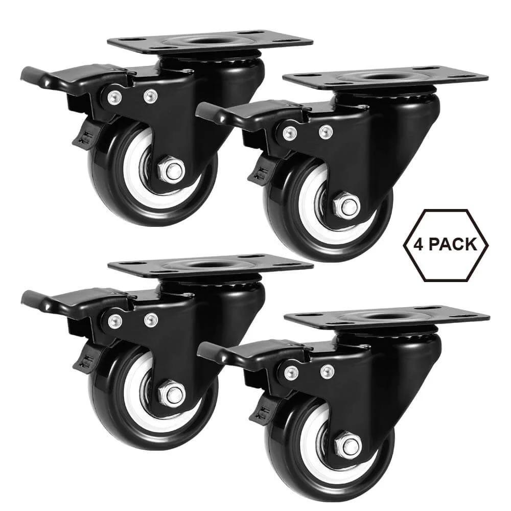 2" Caster Wheels Set of 4, Heavy Duty with Brake - Locking Polyurethane (PU) No Noise Swivel Plate Casters, Pack of 4.