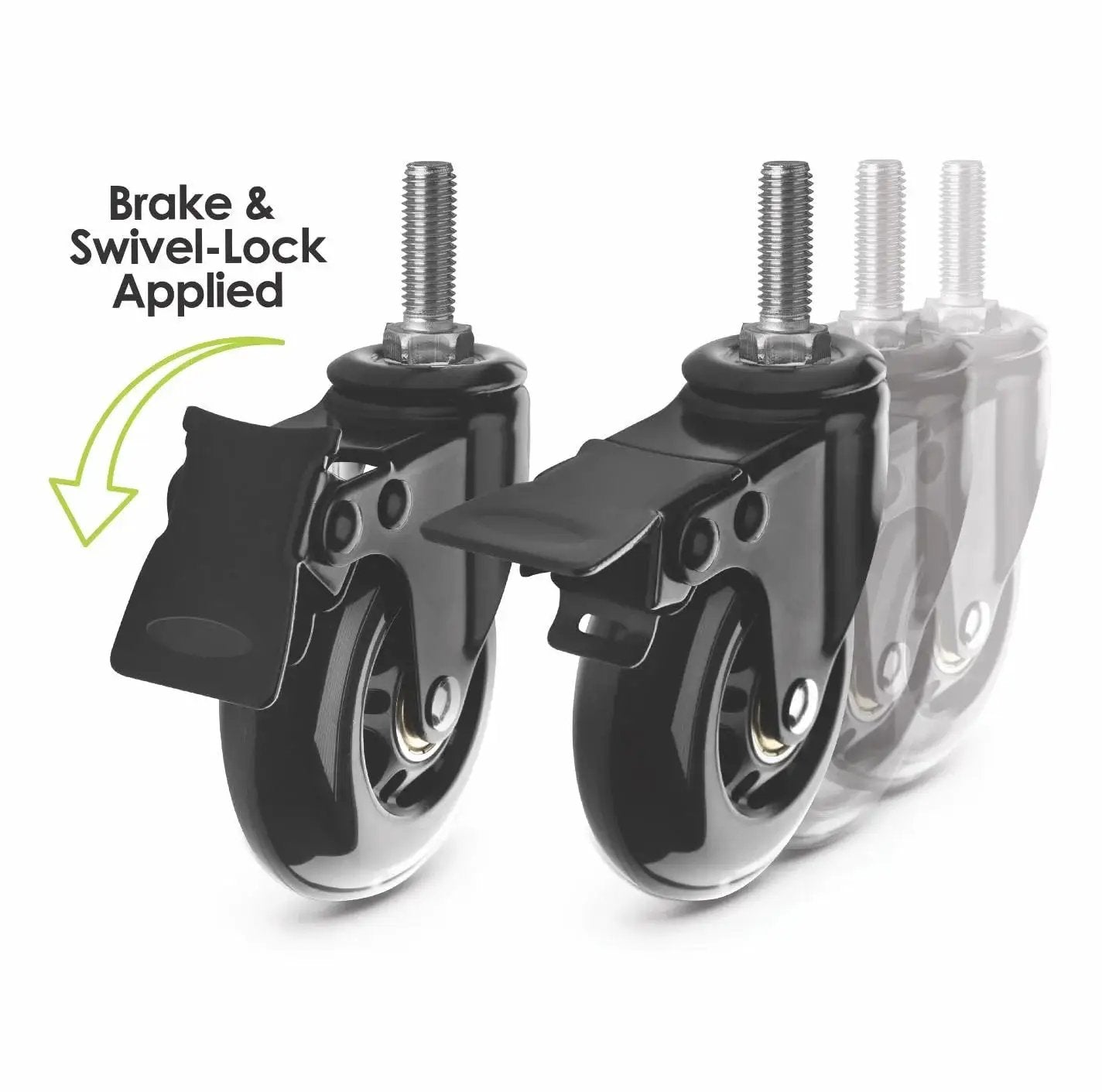 Three Eighths Inch 16 UNC Threaded Stem Rubber Caster Wheels With Brakes And Locks, Heavy Duty Inline Skate Style Casters, Four Pack