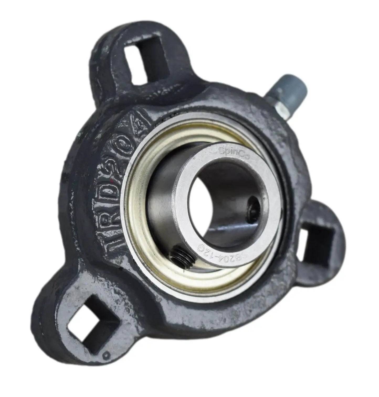 Three Quarter Inch Three Bolt Flange Bearing With Narrow Inner Ring And Two Set Screws Cast Iron Housing Grease Zerk For Relubing