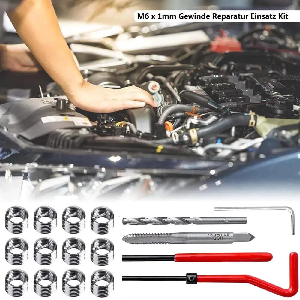 Heavy Duty 30 Piece M6 X 1.0mm Thread Repair Insert Kit in Stainless Steel with tools, shown near an engine for auto thread repair.