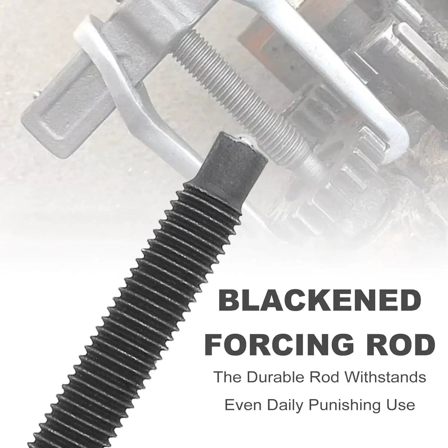 Close-up of blackened forcing rod, part of 12 Inch Two Jaw Gear Puller With Adjustable Clamping Depth And Reversible Pulling Action.