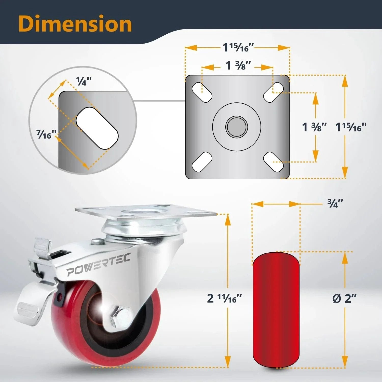 Dimensions of Set Of 4 2 Inch Swivel Casters With Two Brakes And Two Non Locking For Furniture Carts Dollies And Workbenches Heavy Duty Plate Casters With 400 Lb Load Capacity And Red Polyurethane Wheels For Smooth Floor Friendly Rolling.