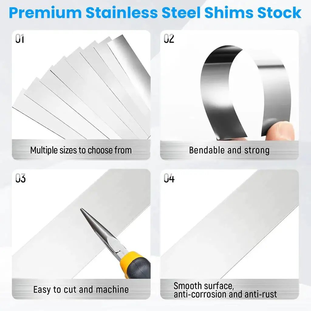 30 Piece 304 Stainless Shim Stock Set 1 Inch By 6 Inch With 10 Thicknesses shown in flexible and cuttable form.