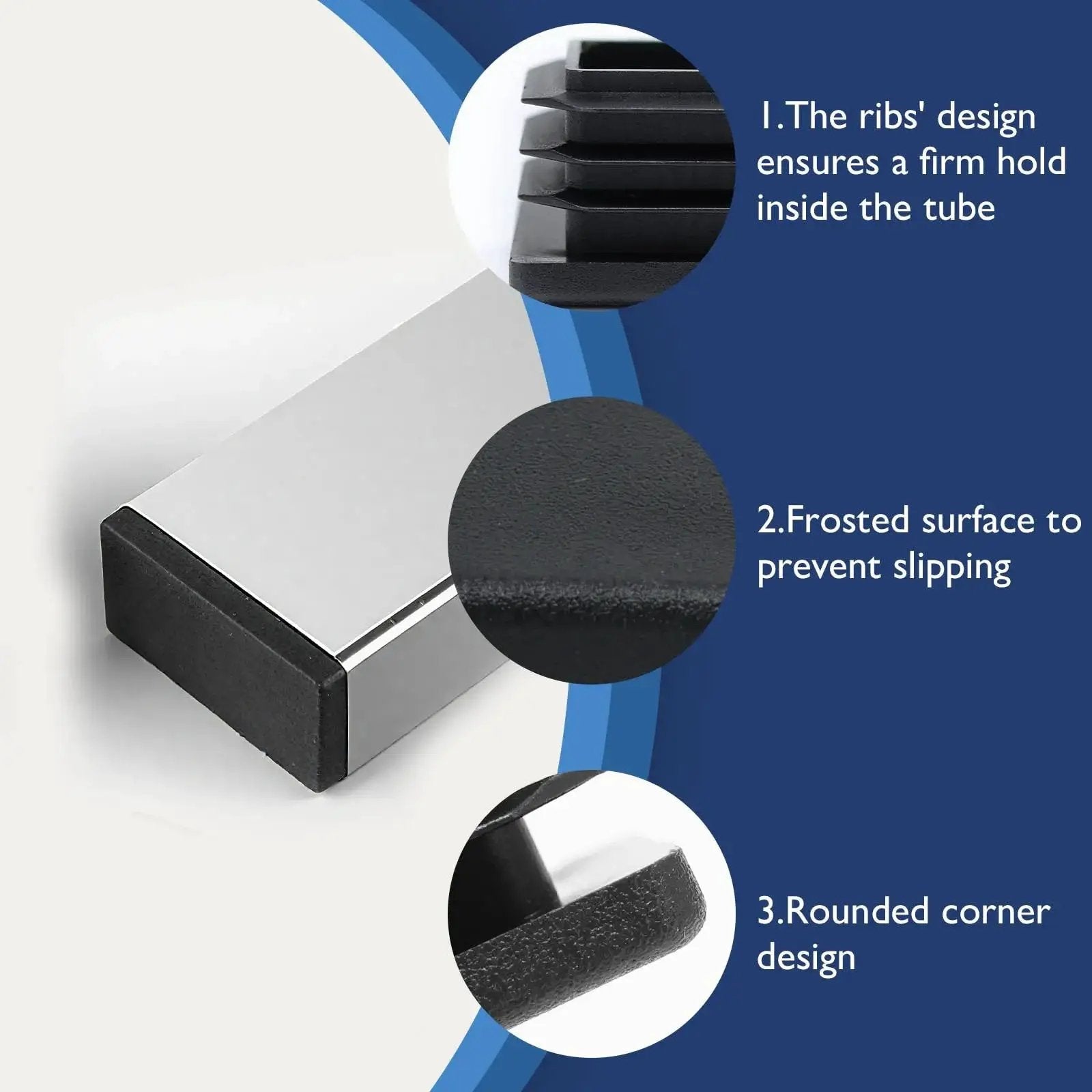 Rectangular Tubing End Caps Four Pack for 2 By 4 Inch Tubes Plastic Black End Plugs showing ribbed and frosted design features.