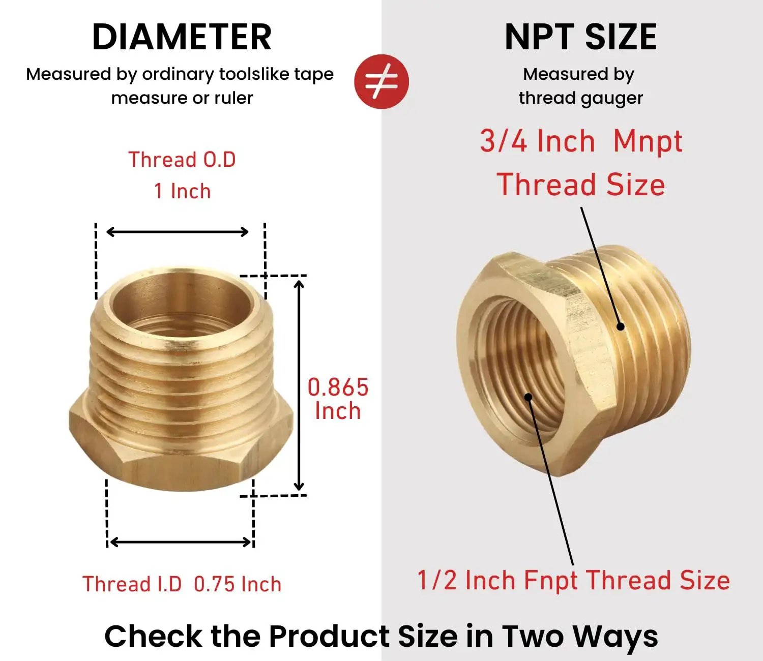 Diagram showing brass NPT male to female reducer hex bushing three quarter inch to one half inch pipe fittings with thread size details.