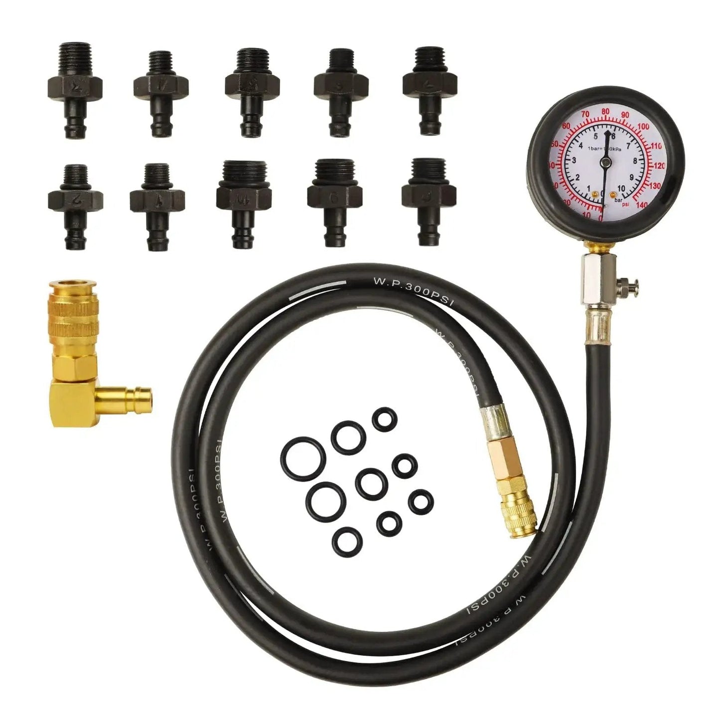 Oil Pressure Tester Kit With Dual Gauge 0 To 140 PSI 10 Adapters, showing gauge, hose, and multiple brass fittings