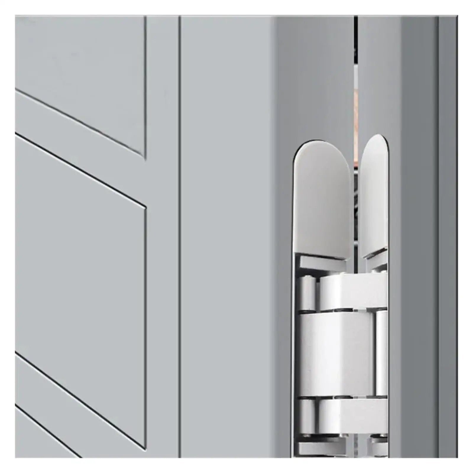 Close-up of silver hidden door hinge installed on frameless door, focusing on the hinge mechanism with sleek silver finish.