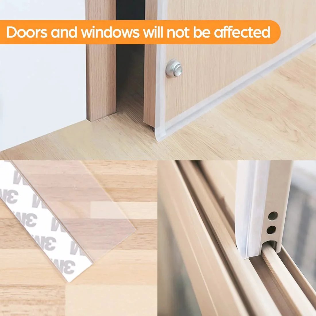 33.5 Ft Weather Stripping Door Seal Strip With Self Adhesive Silicone Tape For Draft Stopper And Shower Door Bottom Seal Easy Peel And Stick Insulation Strip For Doors Windows And Glass Gaps Transparent 1 Inch And 1.4 Inch Widths installed on a door, showing adhesive backing and sealing a window.