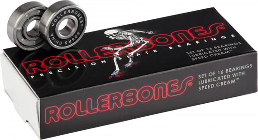 8mm Skate Bearings 16 Pack For One Pair Of Skates, Precision Ground With Removable Nylon Ball Cages, Non Contact Rubber Shields, Pre Lubricated With Speed Cream displayed on packaging