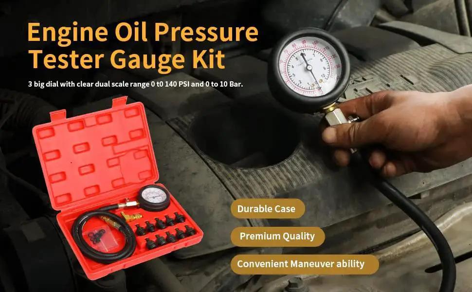 Oil Pressure Tester Kit With Dual Gauge 0 To 140 PSI 10 Adapters in use near engine, showing red case and brass fittings.