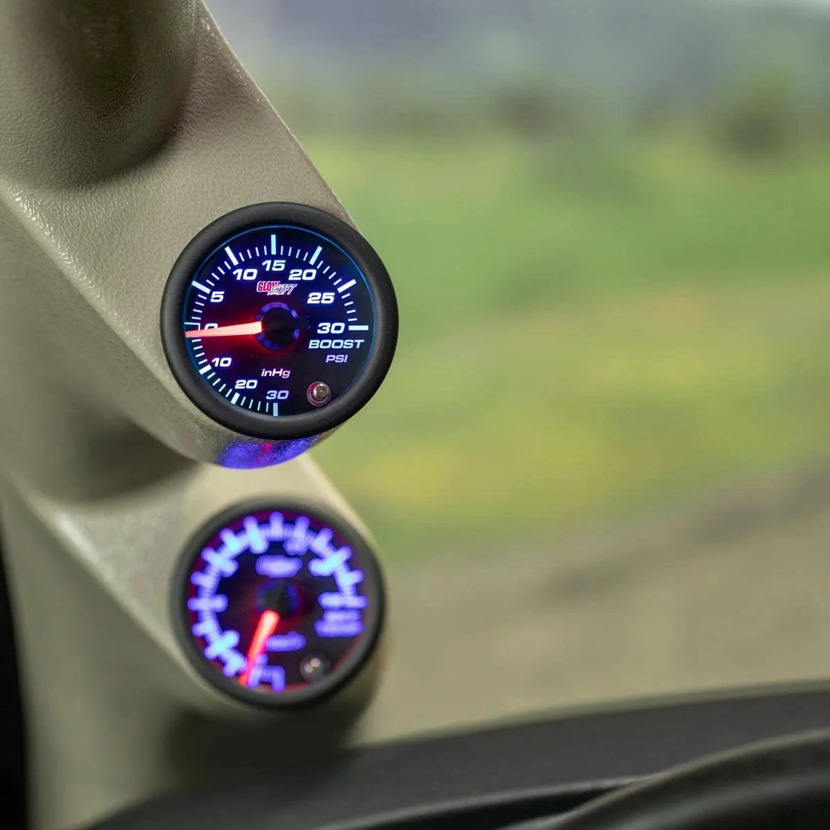 Tinted 7 Color 30 PSI Turbo Boost And Vacuum Gauge Kit With Mechanical Hose T Fitting And Wiring installed in vehicle